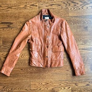Women's Cognac Leather Jacket with Snap & Zip Front, Vintage June